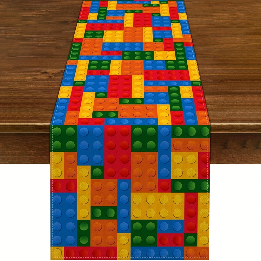 Linen Table Runner - Colorful Building Blocks Table Runner -