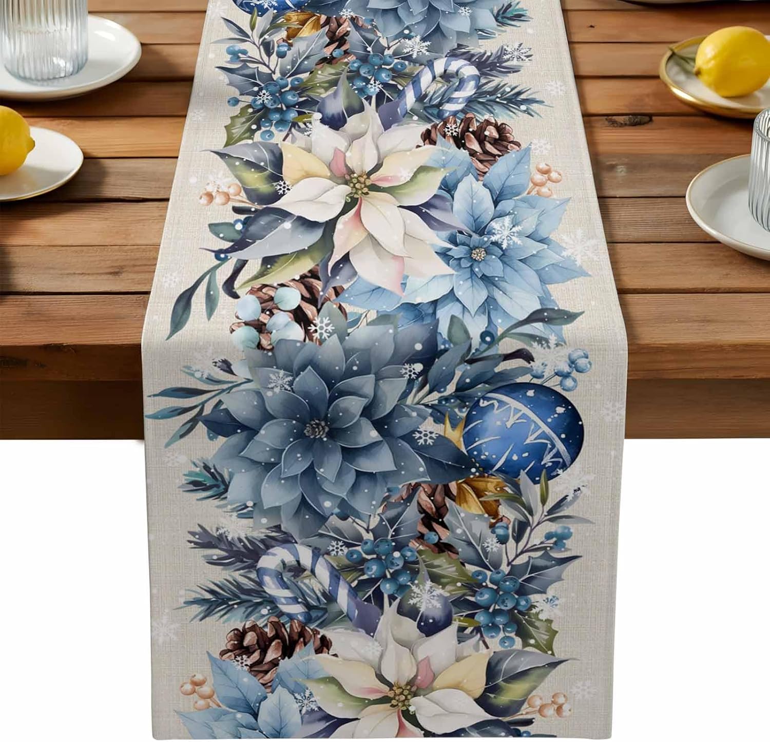Christmas Blue Poinsettia Ball - огляд і ціна Linen Table Runner
