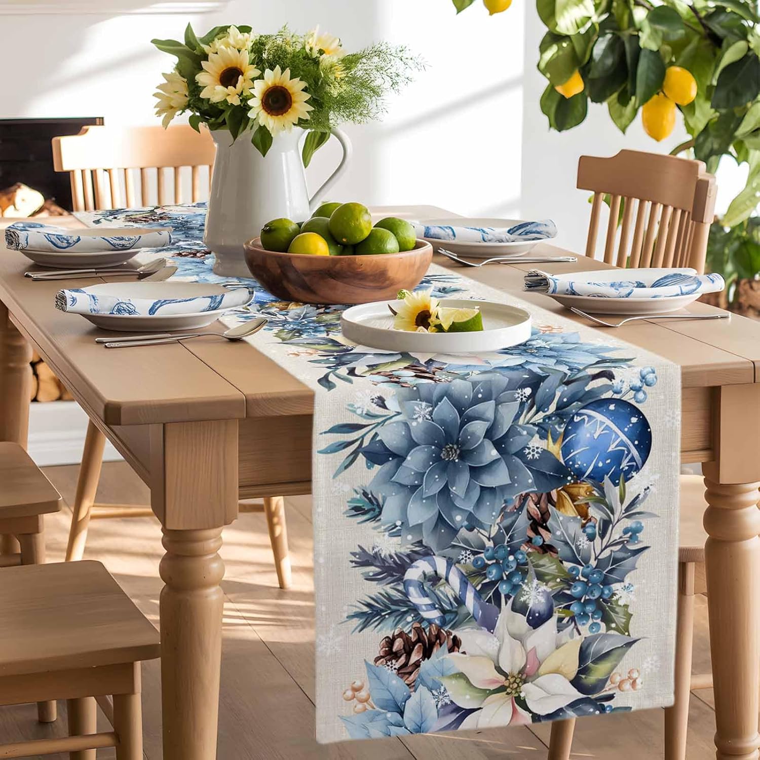 Christmas Blue Poinsettia Ball - огляд і ціна Linen Table Runner