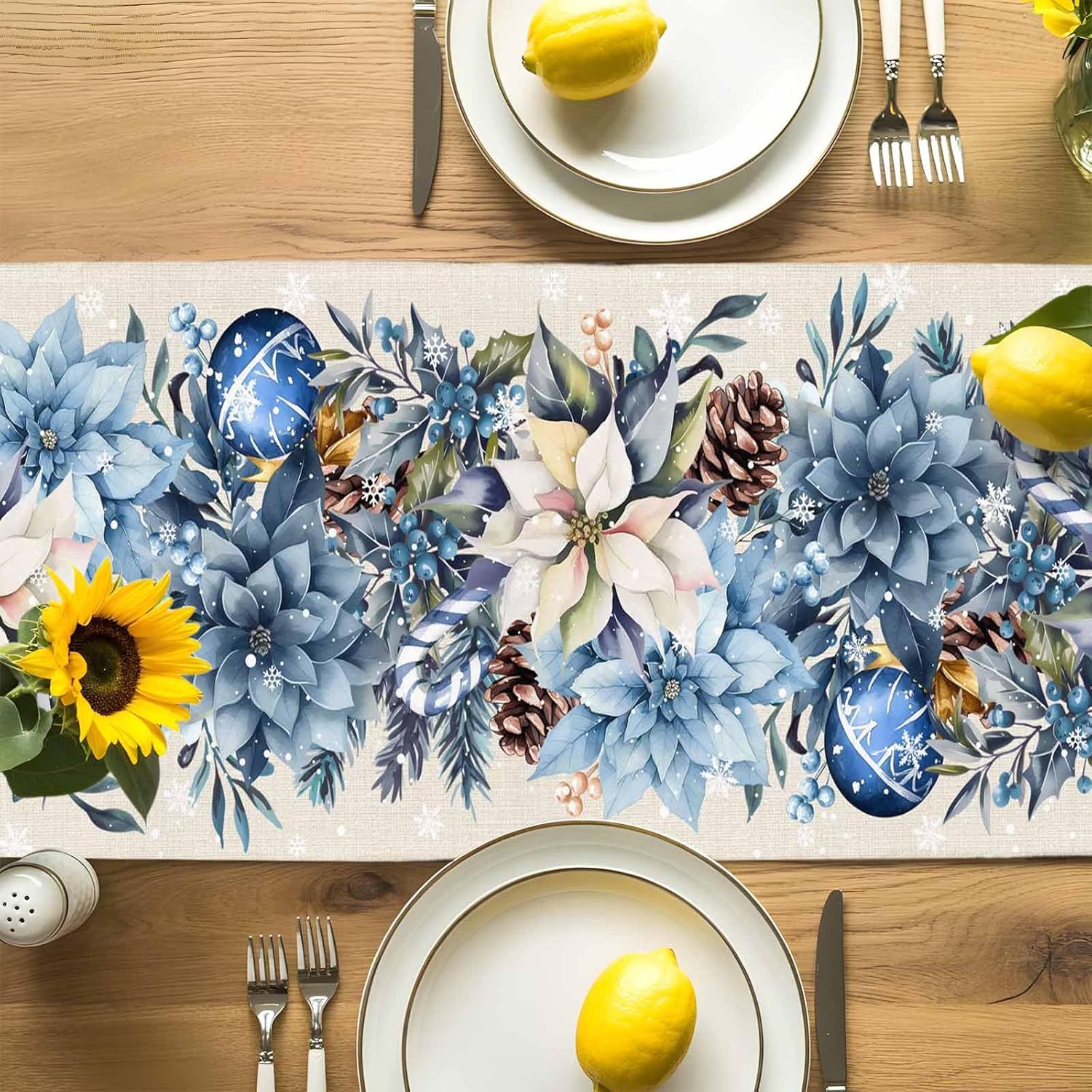 Christmas Blue Poinsettia Ball - огляд і ціна Linen Table Runner
