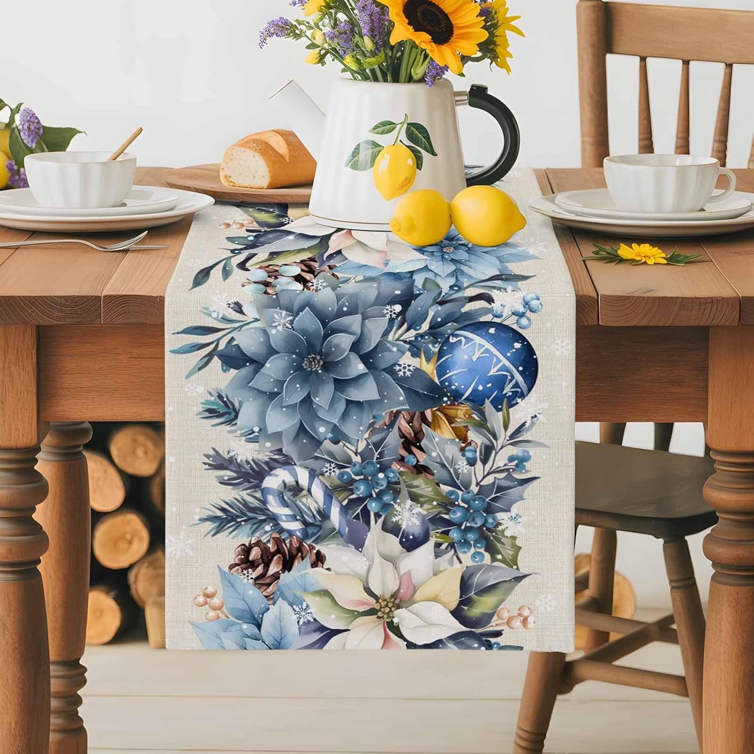 Christmas Blue Poinsettia Ball - огляд і ціна Linen Table Runner